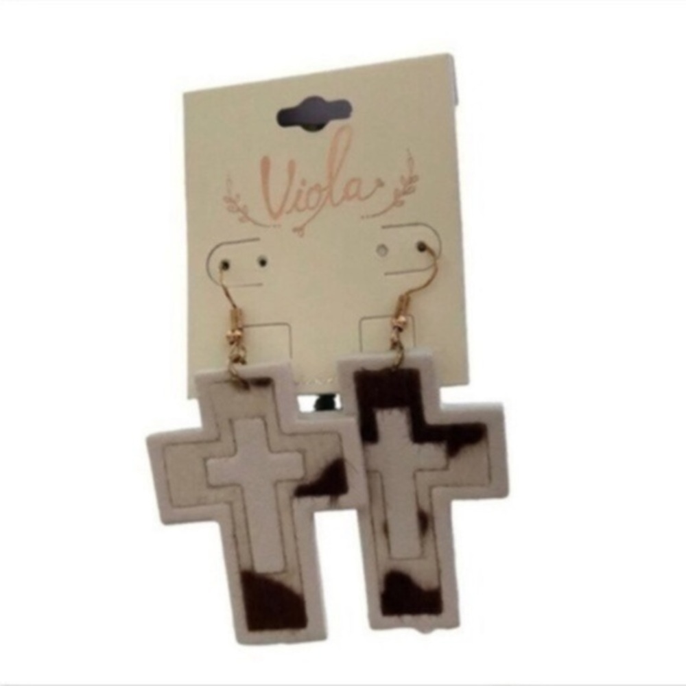 NWT Viola Cow Print Cross Earrings